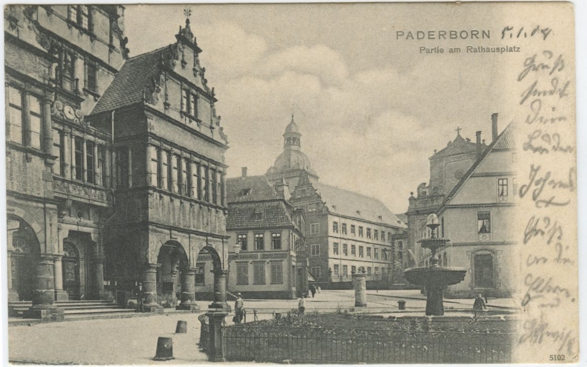Postkarte mit Ansicht des Paderborner Kaufhauses Steinberg &amp; Grünebaum, Rathausplatz 7 Datiert und gelaufen 1904 Unbekannter Fotograf, Verlag Reinike &amp; Rubin, Magdeburg, Nr. 5102 Kreismuseum Wewelsburg, Inv. Nr. 18820/5